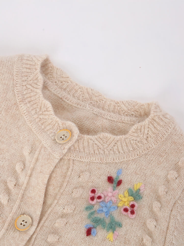 Girls Embroidered Floral Beige Cashmere Button-Front Cardigan